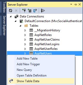 Users Table Data in Server Explorer